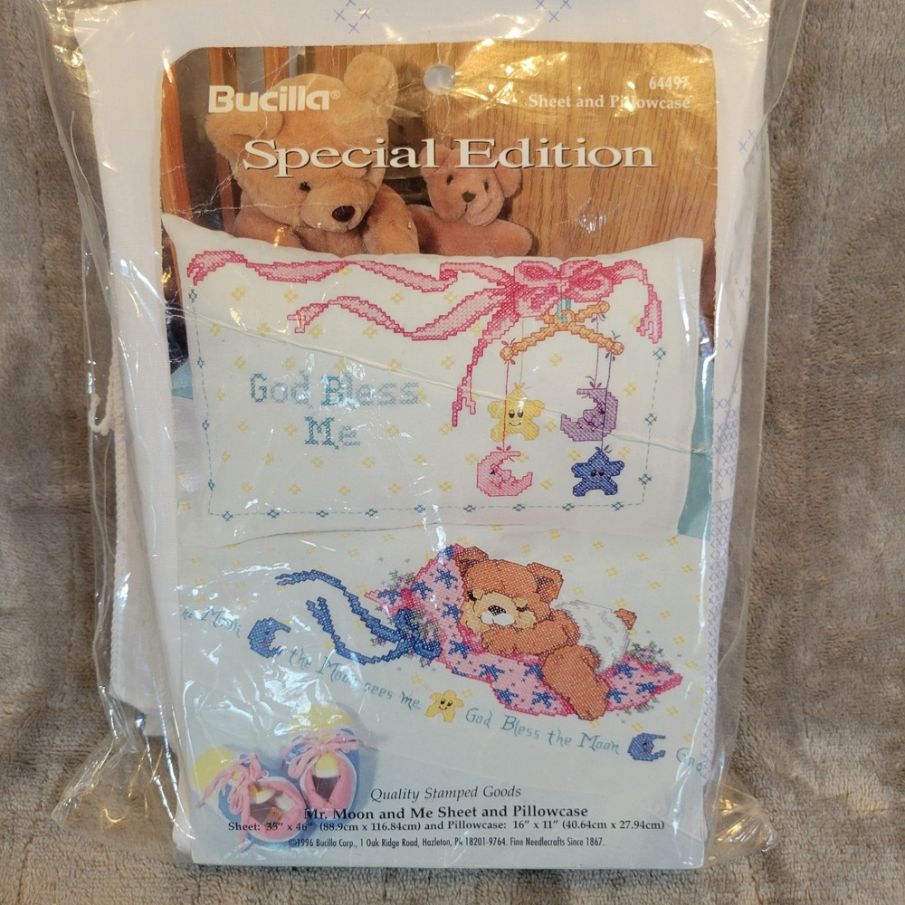 Bucilla Stamped Embroidery Kit Baby Sheet Pillowcase White Teddy Bear 64497 Bow